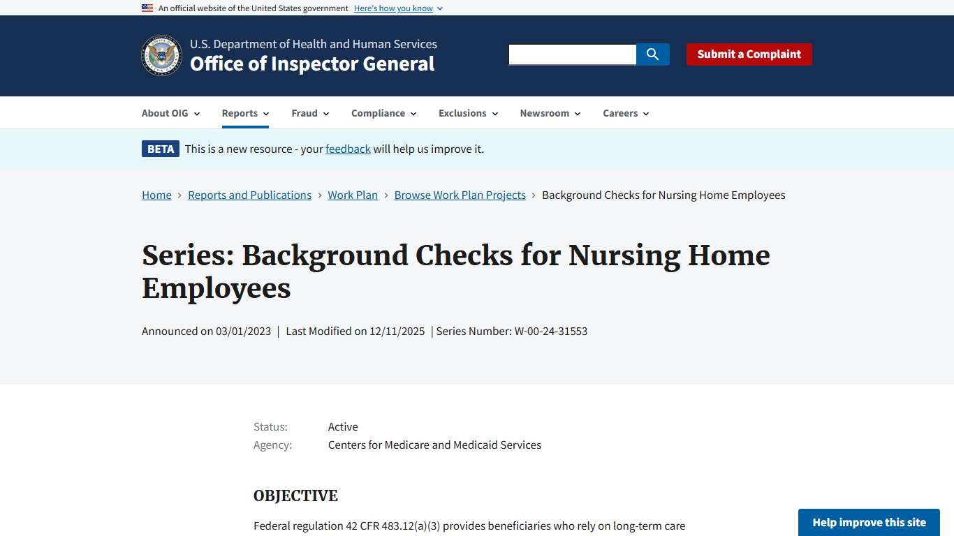 Background Checks for Nursing Home Employees | Office of Inspector General | Government Oversight | U.S. Department of Health and Human Services